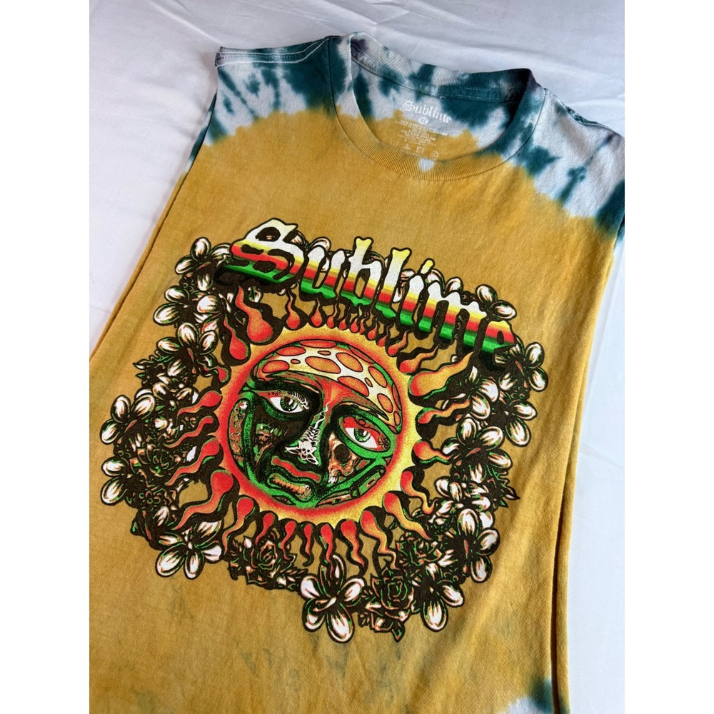 Sublime Sun Logo Tie Dye Muscle Tee Mens XL Yellow Teal Sleeveless Band Shirt